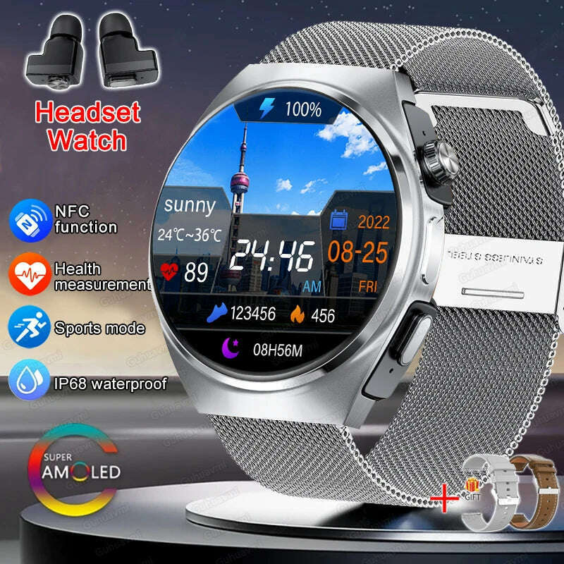 KIMLUD, 2024 New Smart Watch TWS Headset Two In One Wireless Bluetooth Dual Earbuds Call Health Monitor Sport Tracker NFC Smartwatch man, Silver Mesh Belt 2A / smartwatch, KIMLUD APPAREL - Womens Clothes