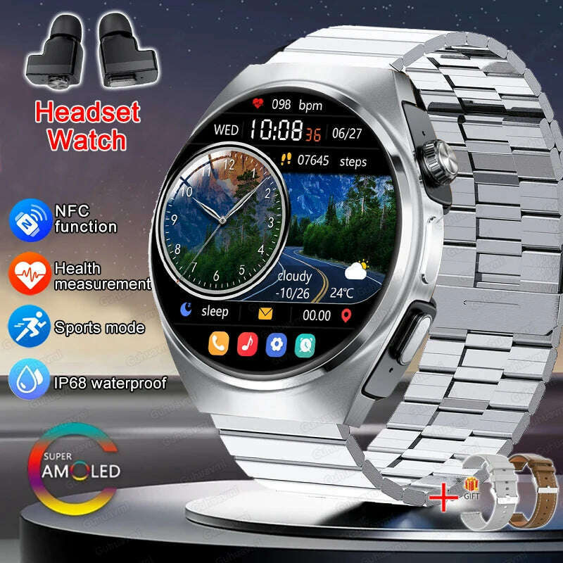 KIMLUD, 2024 New Smart Watch TWS Headset Two In One Wireless Bluetooth Dual Earbuds Call Health Monitor Sport Tracker NFC Smartwatch man, Silver Steel B 2A / smartwatch, KIMLUD APPAREL - Womens Clothes