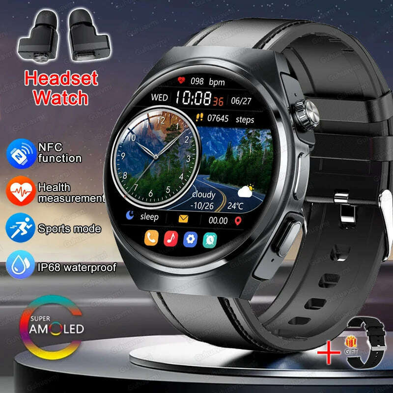 KIMLUD, 2024 New Smart Watch TWS Headset Two In One Wireless Bluetooth Dual Earbuds Call Health Monitor Sport Tracker NFC Smartwatch man, Black leather / smartwatch, KIMLUD APPAREL - Womens Clothes