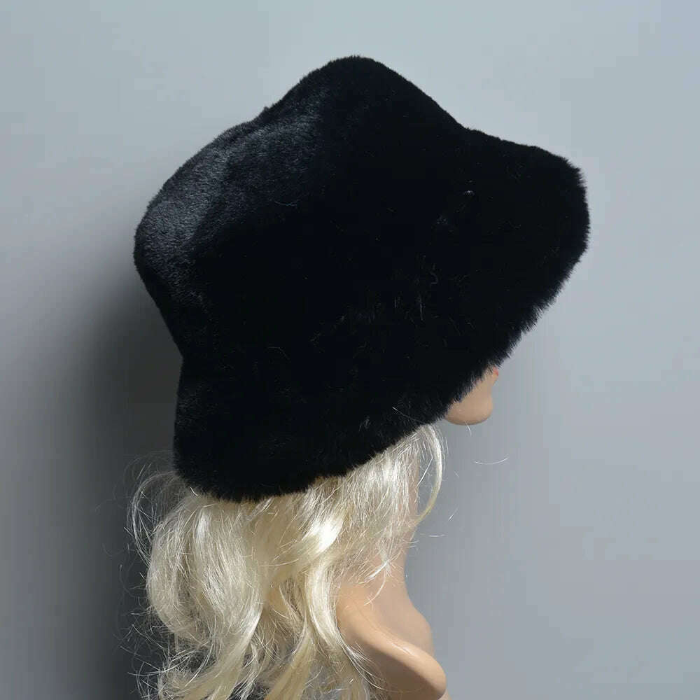 KIMLUD, 2024 New Style Fake Rabbit Fur Hats Super Soft Women Winter Hat Cotton Lining Warm Russian Fashion Ski Beanies Plush Solid Color, KIMLUD Womens Clothes