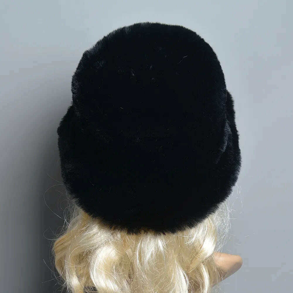 KIMLUD, 2024 New Style Fake Rabbit Fur Hats Super Soft Women Winter Hat Cotton Lining Warm Russian Fashion Ski Beanies Plush Solid Color, KIMLUD Women's Clothes