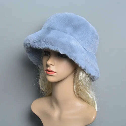 KIMLUD, 2024 New Style Fake Rabbit Fur Hats Super Soft Women Winter Hat Cotton Lining Warm Russian Fashion Ski Beanies Plush Solid Color, blue grey / One Size, KIMLUD Women's Clothes