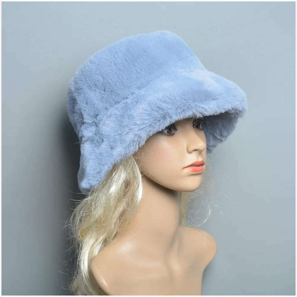 KIMLUD, 2024 New Style Fake Rabbit Fur Hats Super Soft Women Winter Hat Cotton Lining Warm Russian Fashion Ski Beanies Plush Solid Color, KIMLUD Women's Clothes