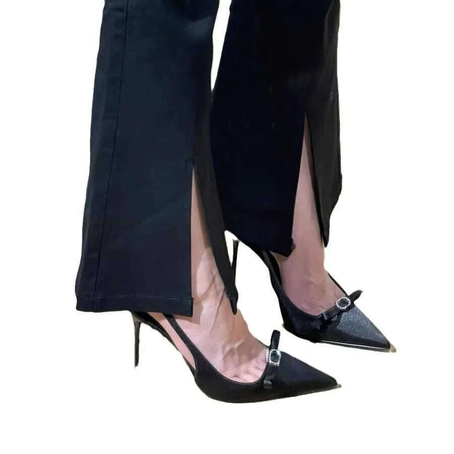 KIMLUD, 2024 New Summer French Black High Heel Shoes with a Bow Headed Style, Water Diamond Slim Heels, Straight Line Sandals, KIMLUD Womens Clothes