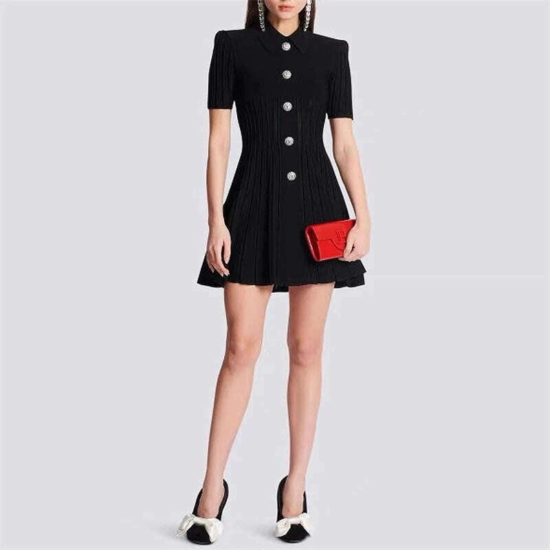 2024 new summer women's lapel beaded button short-sleeved jumpsuit y2k high quality fashion retro A-line knitted bandage skirt - KIMLUD