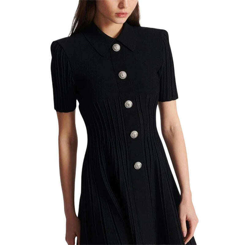 2024 new summer women's lapel beaded button short-sleeved jumpsuit y2k high quality fashion retro A-line knitted bandage skirt - KIMLUD