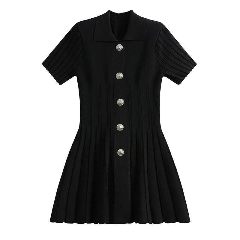 2024 new summer women's lapel beaded button short-sleeved jumpsuit y2k high quality fashion retro A-line knitted bandage skirt - KIMLUD