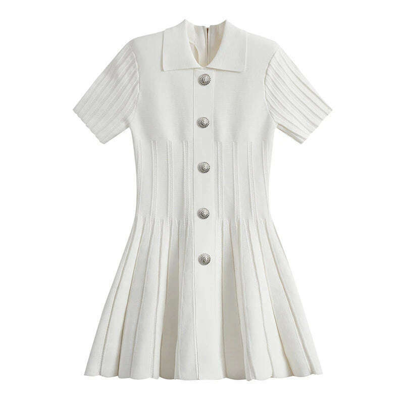 2024 new summer women's lapel beaded button short-sleeved jumpsuit y2k high quality fashion retro A-line knitted bandage skirt - KIMLUD