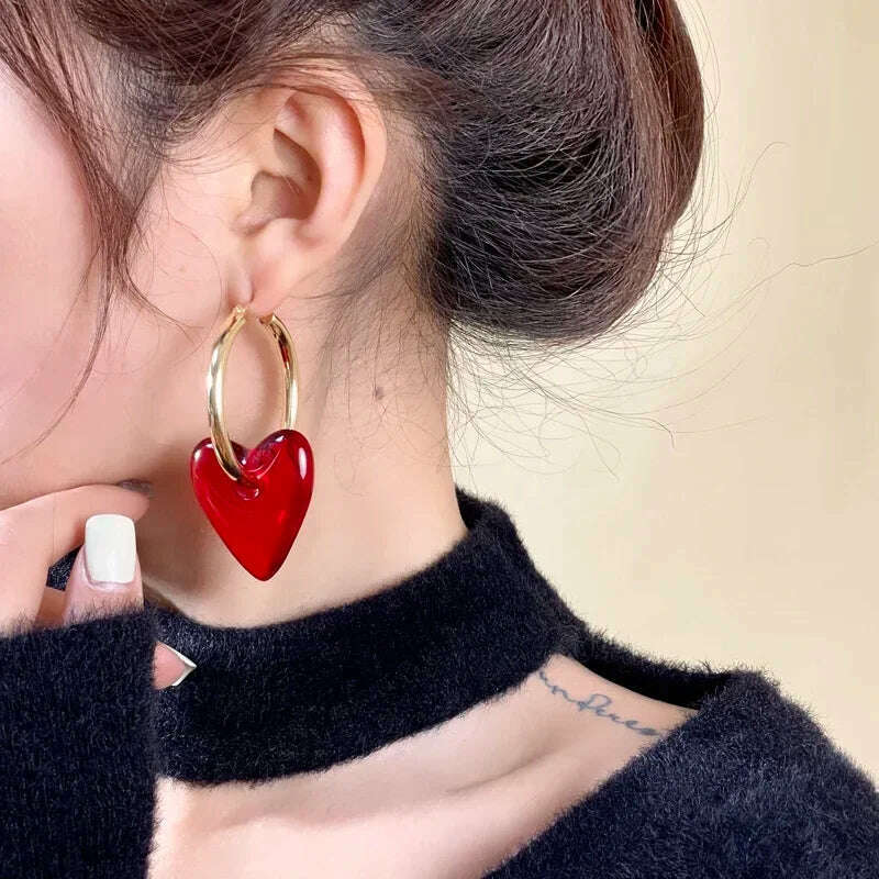 KIMLUD, 2024 new Vintage Hyperbole Red Heart-shaped Drop Earrings For Women Personality Golden Hoop Earrings Jewelry Accessories, KIMLUD Womens Clothes