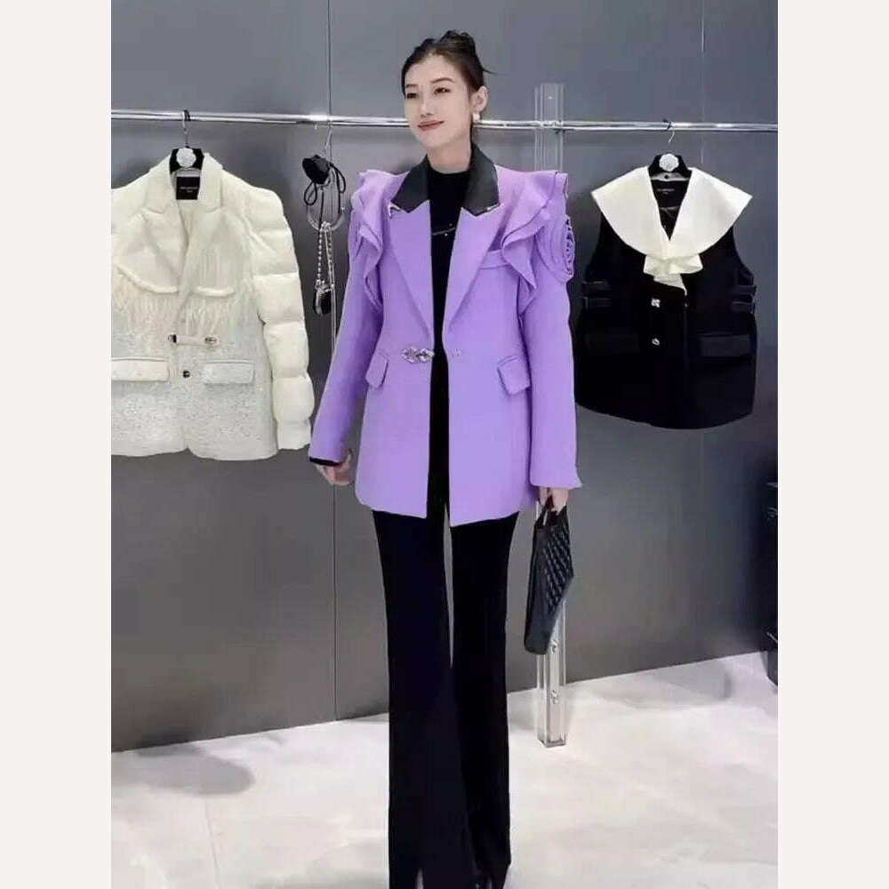 KIMLUD, 2024 New Women Blazers Fashion 3D flower decoration purple Blazer Elegant ladies notched collar Long Sleeve Suit Coat Y4831, KIMLUD Women's Clothes