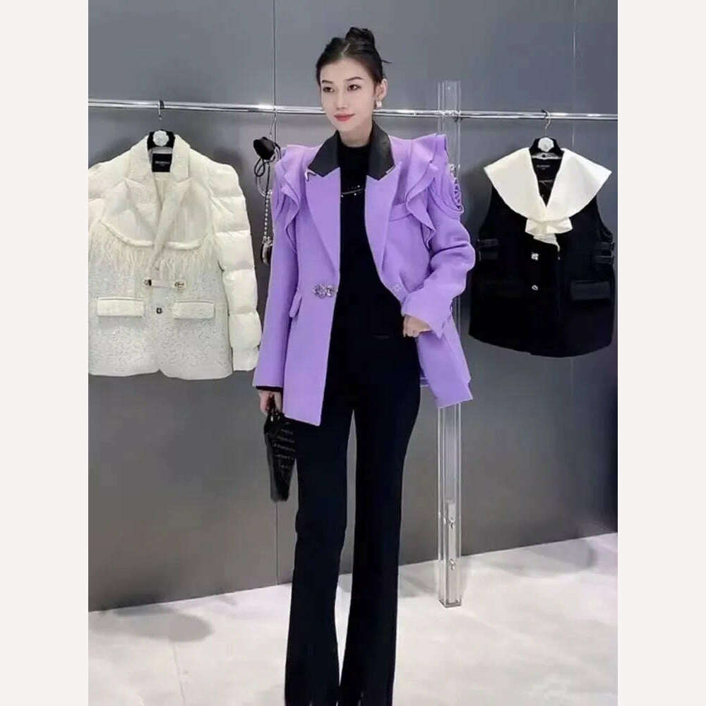 KIMLUD, 2024 New Women Blazers Fashion 3D flower decoration purple Blazer Elegant ladies notched collar Long Sleeve Suit Coat Y4831, KIMLUD Womens Clothes