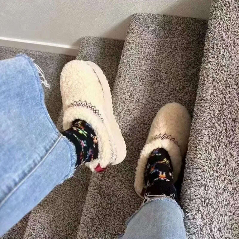 2024 New Women Fur Slippers Ankle Boots Flats Platform Short Plush Warm Flip Flops Cotton Shoes Designer Brand Winter Snow Botas - KIMLUD