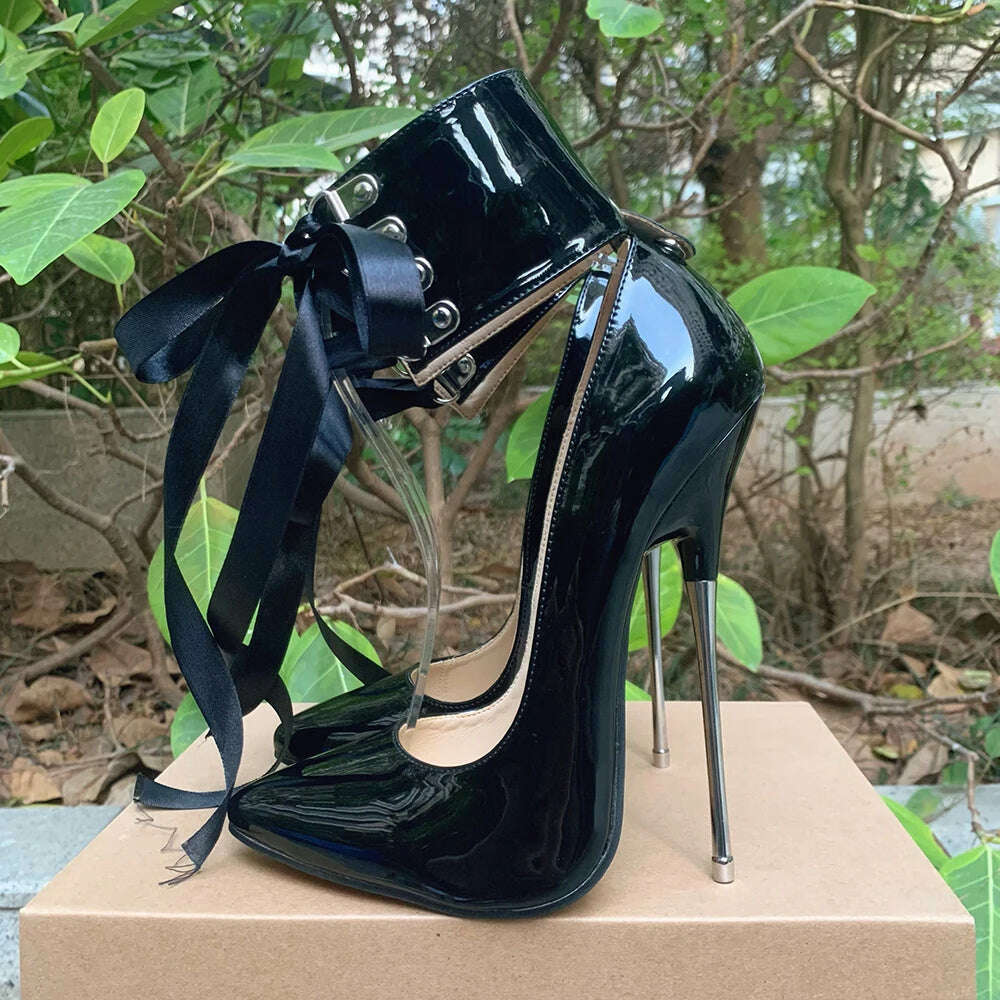 KIMLUD, 2024 Newly Riband Ankle Strap 16cm Pumps Extreme High Heels Lace Up Bow Fetish Cosplay Drag Queen Cross Dresser Unisex Shoes, KIMLUD Womens Clothes