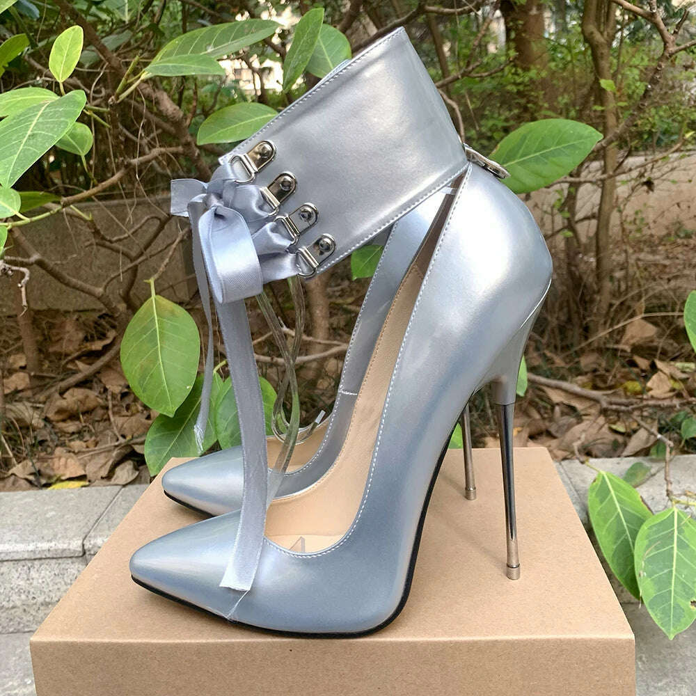 KIMLUD, 2024 Newly Riband Ankle Strap 16cm Pumps Extreme High Heels Lace Up Bow Fetish Cosplay Drag Queen Cross Dresser Unisex Shoes, Silver / 245, KIMLUD APPAREL - Womens Clothes