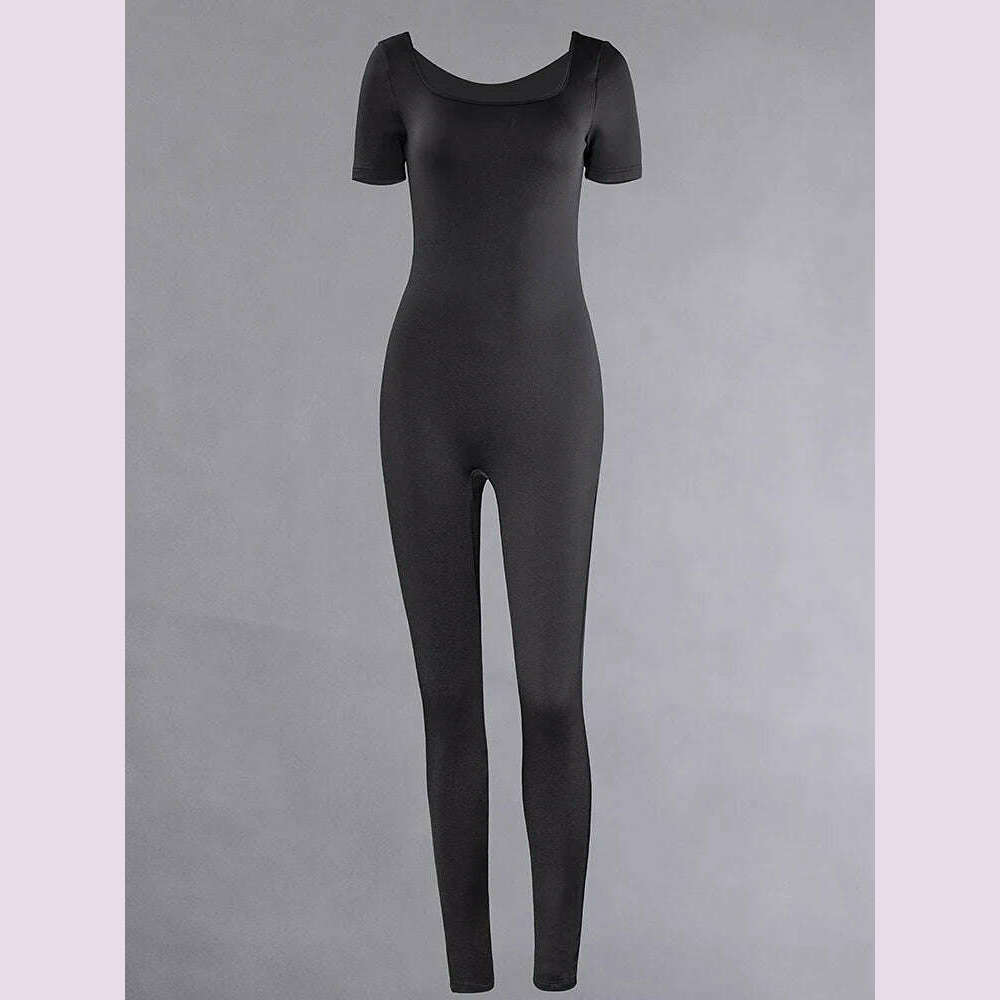 2024 Spring and Summer New Women's Short Sleeve Solid Colour Skinny Jumpsuit Fashion Sports Fitness U Neck Jumpsuit - KIMLUD