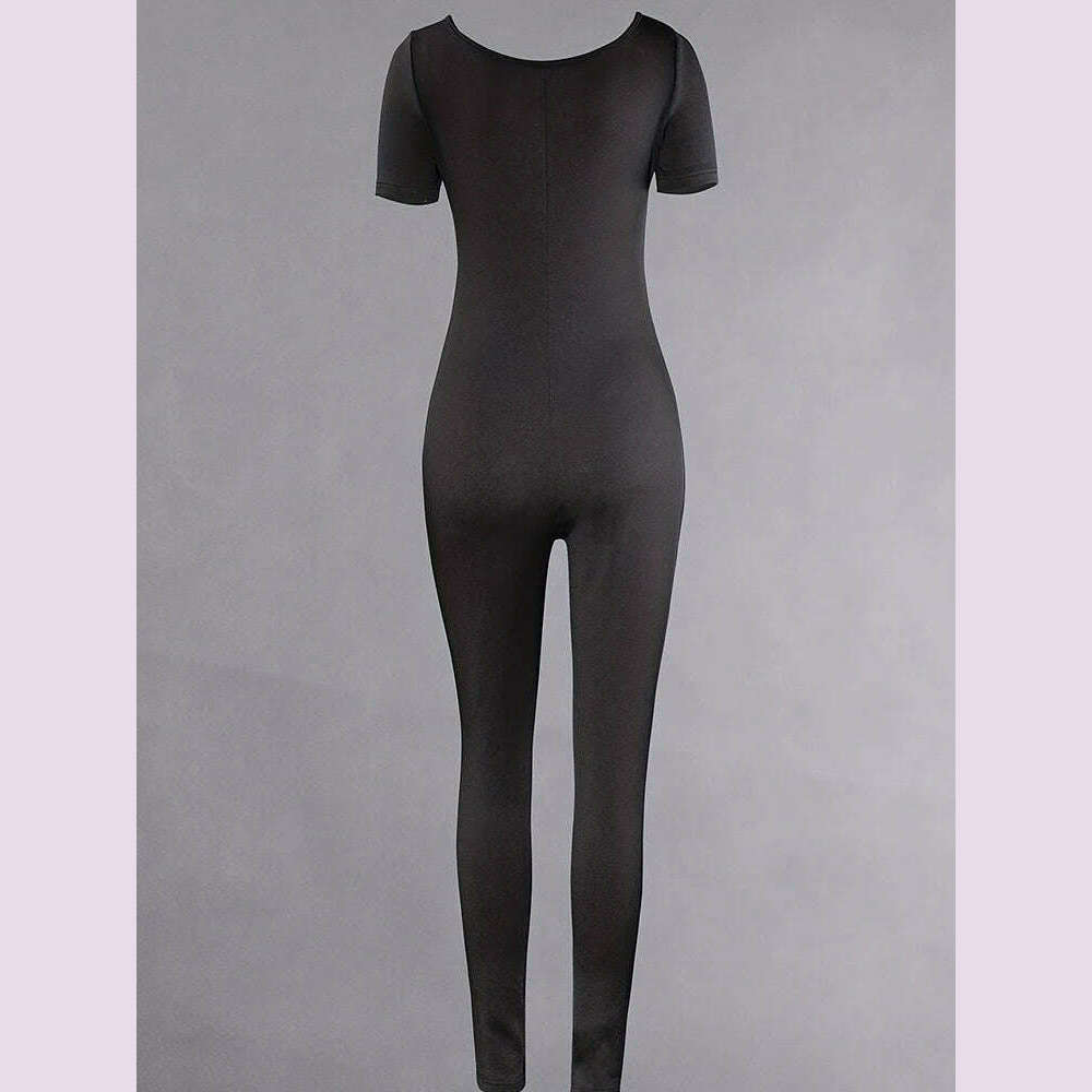 2024 Spring and Summer New Women's Short Sleeve Solid Colour Skinny Jumpsuit Fashion Sports Fitness U Neck Jumpsuit - KIMLUD