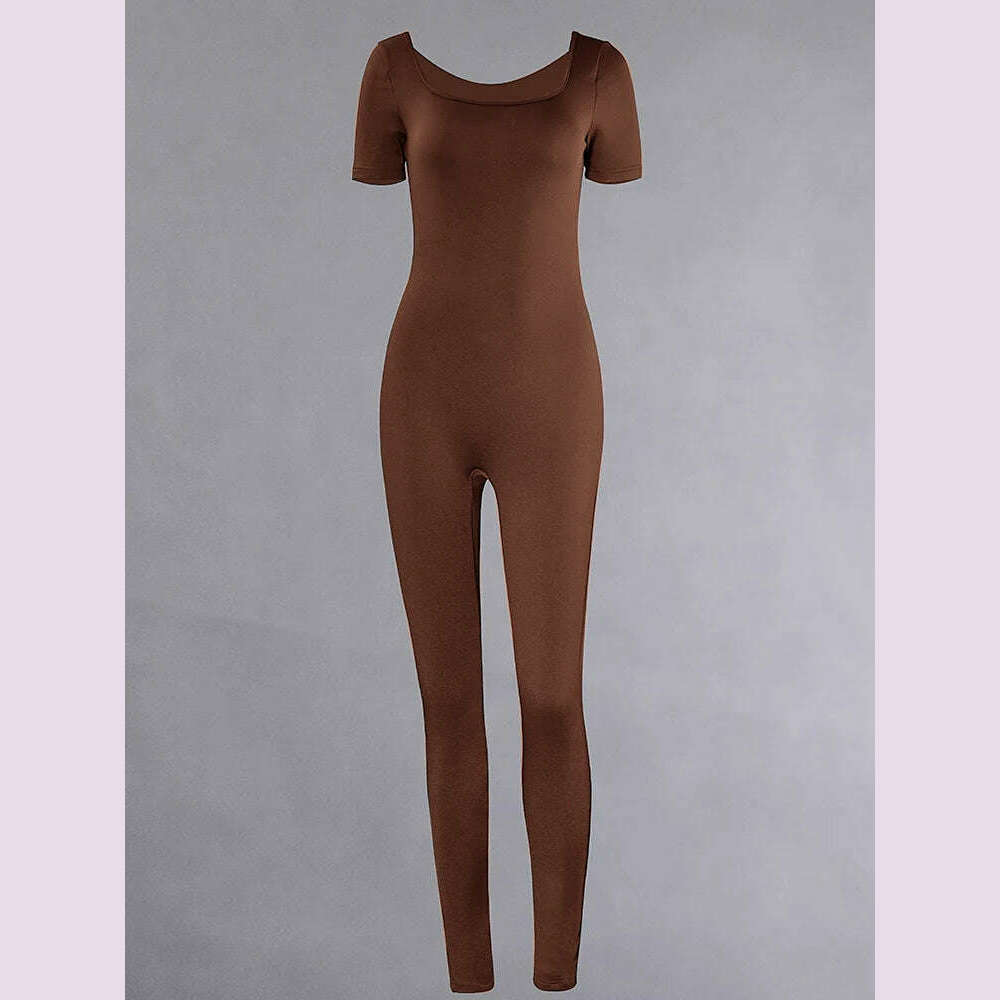 2024 Spring and Summer New Women's Short Sleeve Solid Colour Skinny Jumpsuit Fashion Sports Fitness U Neck Jumpsuit - KIMLUD