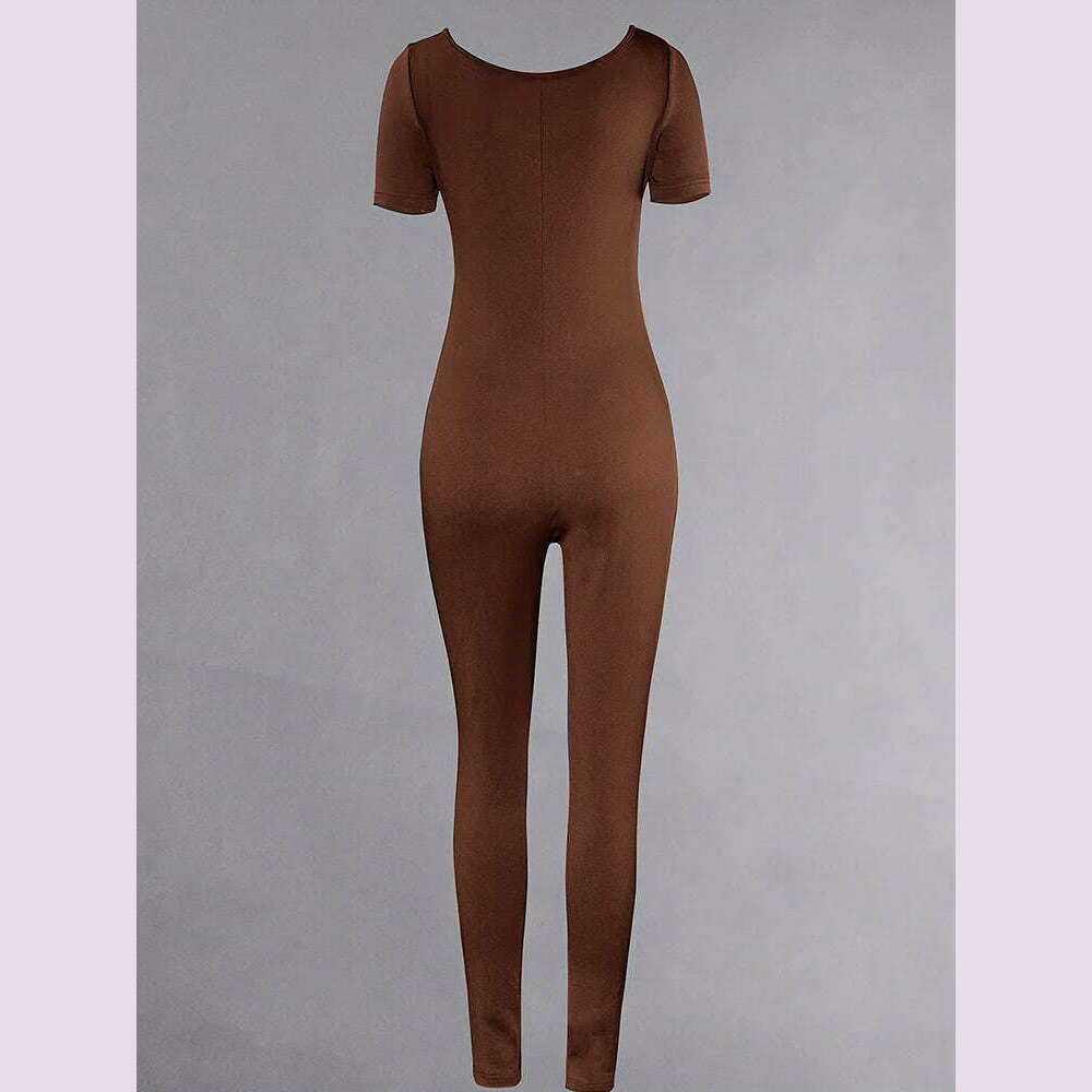 2024 Spring and Summer New Women's Short Sleeve Solid Colour Skinny Jumpsuit Fashion Sports Fitness U Neck Jumpsuit - KIMLUD