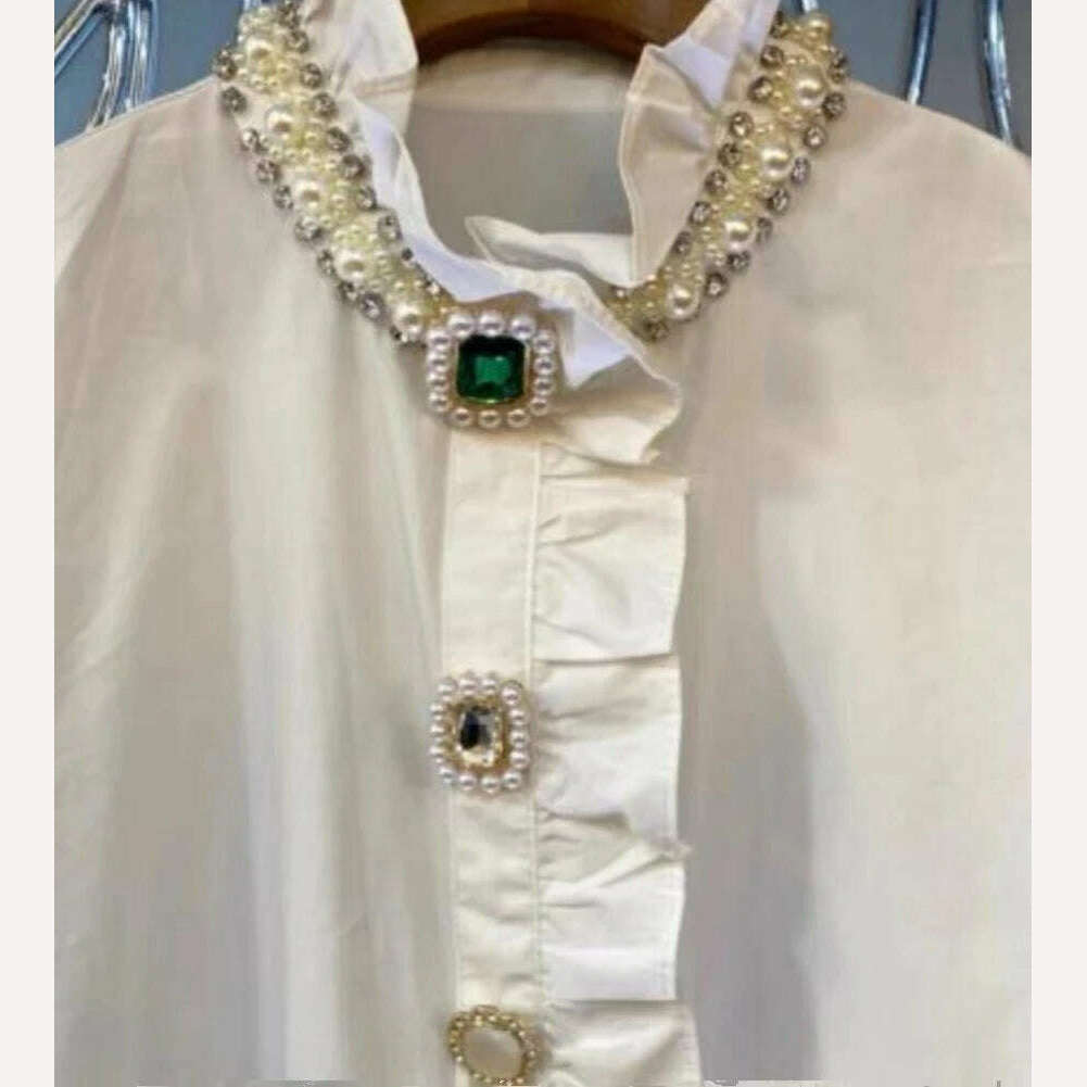 KIMLUD, 2024 Spring Autumn Fashion Black White Blouse for Women Luxury Beads Diamonds Collar Bottoming Shirt Loose Oversized 6XL Top, KIMLUD Women's Clothes