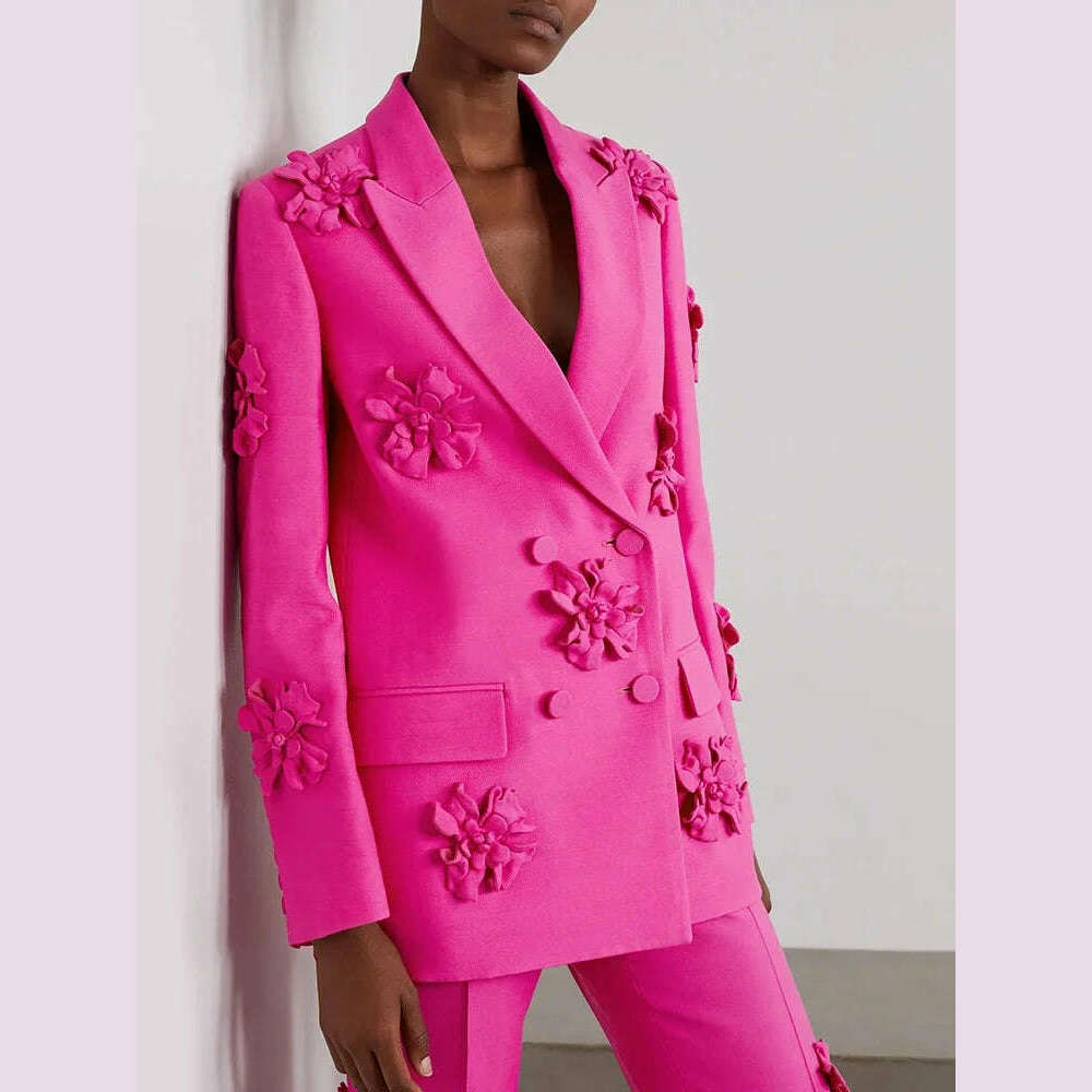 KIMLUD, 2024 Spring Fashion Women’s Pant Sets Long Sleeve Designer Blazer with Pretty Floral Appliqués Two-Piece Workwear Set, KIMLUD Womens Clothes