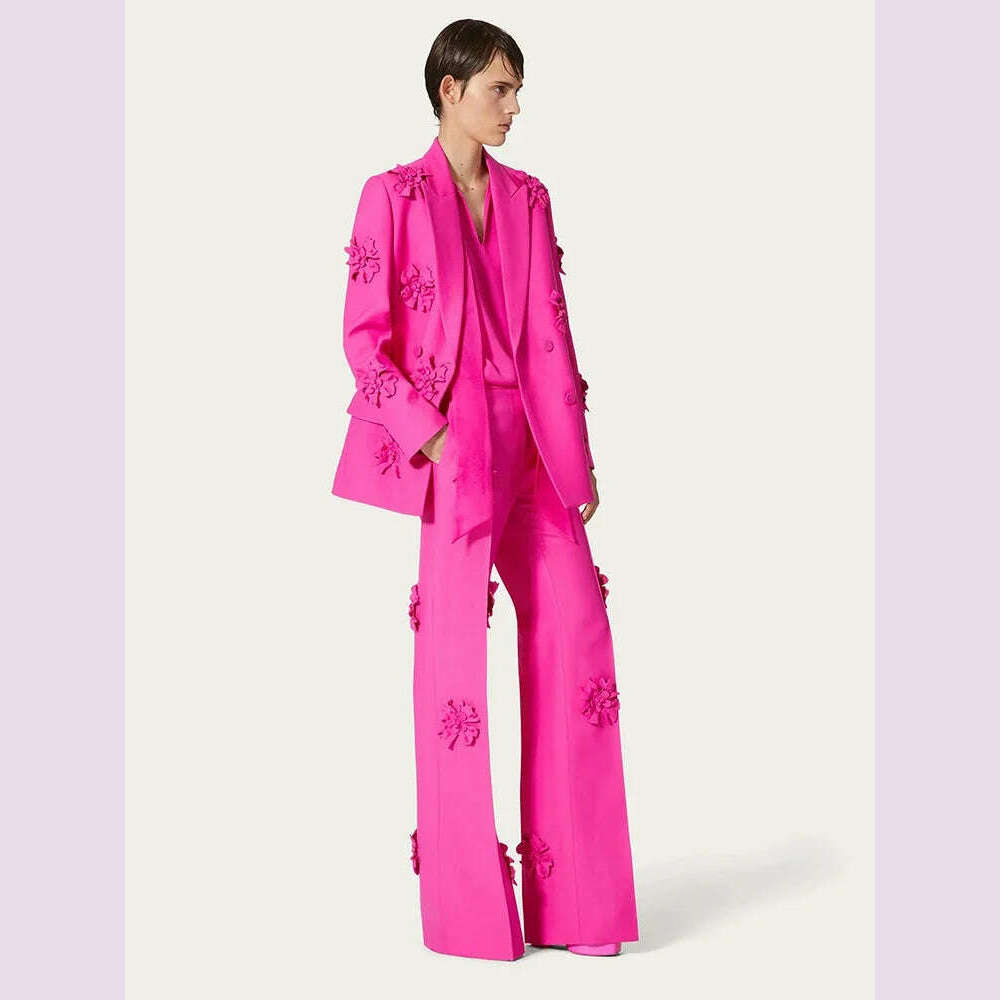 KIMLUD, 2024 Spring Fashion Women’s Pant Sets Long Sleeve Designer Blazer with Pretty Floral Appliqués Two-Piece Workwear Set, KIMLUD Womens Clothes