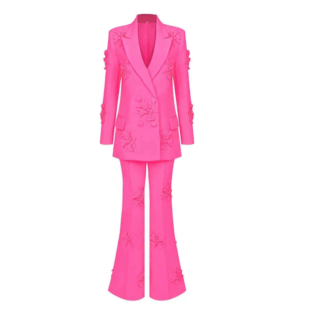 KIMLUD, 2024 Spring Fashion Women’s Pant Sets Long Sleeve Designer Blazer with Pretty Floral Appliqués Two-Piece Workwear Set, Hot pink / S, KIMLUD APPAREL - Womens Clothes