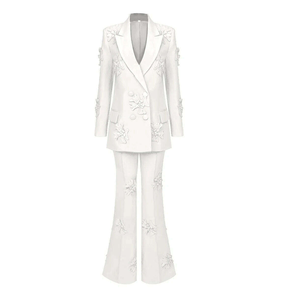 KIMLUD, 2024 Spring Fashion Women’s Pant Sets Long Sleeve Designer Blazer with Pretty Floral Appliqués Two-Piece Workwear Set, WHITE / XL, KIMLUD APPAREL - Womens Clothes