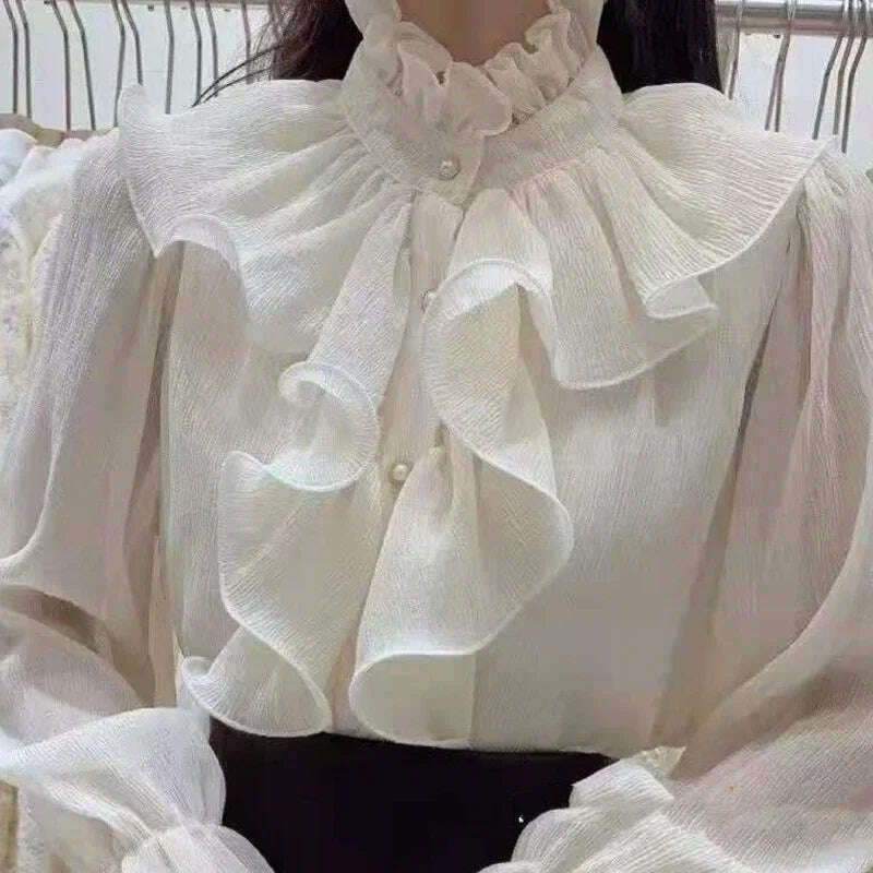 KIMLUD, 2024 Spring Lace Ruffle Chiffon Shirts and Blouses Women Long Flare Sleeve Buttons Ruched Loose Tops Stand Collar Blusas 12946, KIMLUD Womens Clothes