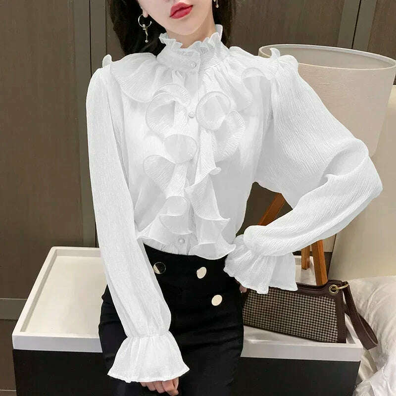 KIMLUD, 2024 Spring Lace Ruffle Chiffon Shirts and Blouses Women Long Flare Sleeve Buttons Ruched Loose Tops Stand Collar Blusas 12946, white / S, KIMLUD Womens Clothes