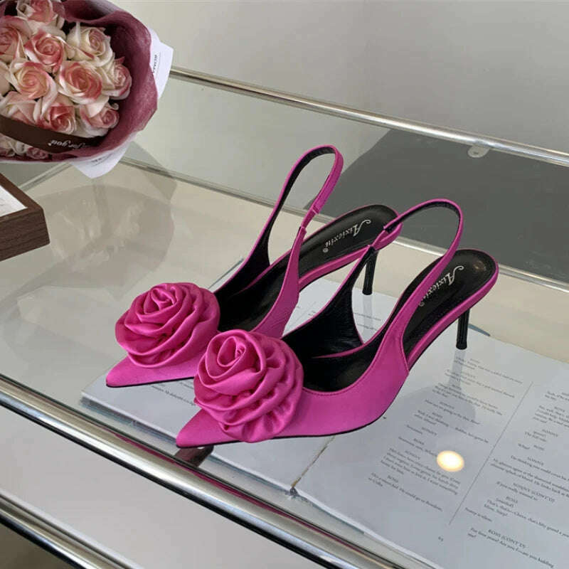 KIMLUD, 2024 Spring New Elegant Women's High Heels Silk Flower Pointed Toe Sandals Fine Heel Slingback Shoes Women's Dress Banquet Shoes, KIMLUD Womens Clothes
