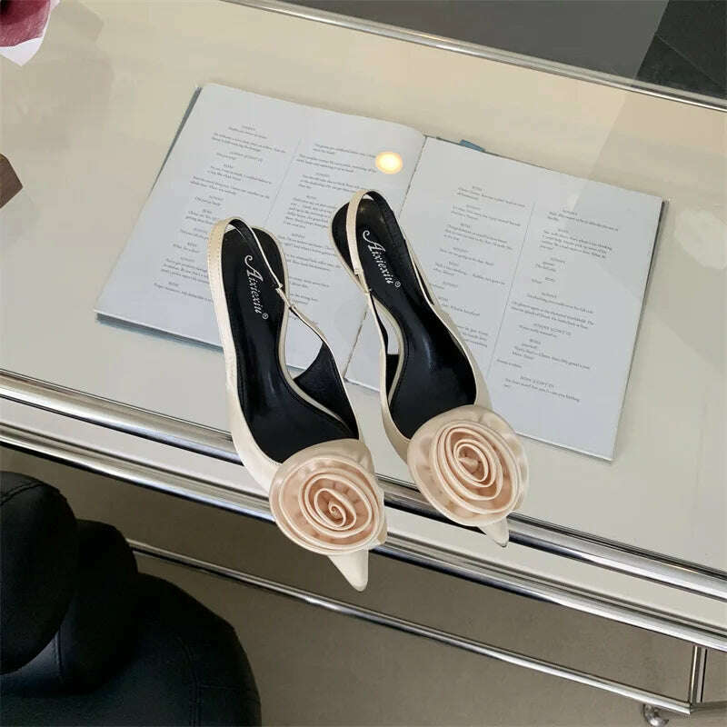 2024 Spring New Elegant Women's High Heels Silk Flower Pointed Toe Sandals Fine Heel Slingback Shoes Women's Dress Banquet Shoes - KIMLUD