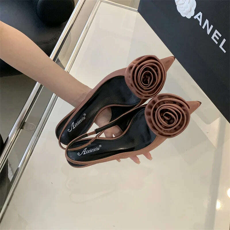 KIMLUD, 2024 Spring New Elegant Women's High Heels Silk Flower Pointed Toe Sandals Fine Heel Slingback Shoes Women's Dress Banquet Shoes, Dark Brown / 39, KIMLUD Womens Clothes