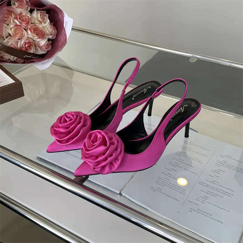 KIMLUD, 2024 Spring New Elegant Women's High Heels Silk Flower Pointed Toe Sandals Fine Heel Slingback Shoes Women's Dress Banquet Shoes, KIMLUD Women's Clothes