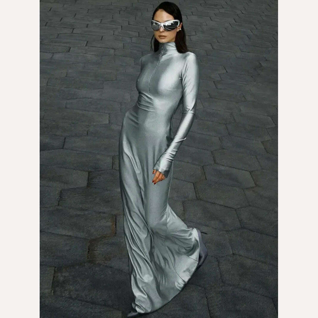2024 Spring New in Women's Sexy Zip-up Solid Gray Long Maxi Dress High Street Elegant Ladies Slim Fit Party Night Club Dresses - KIMLUD