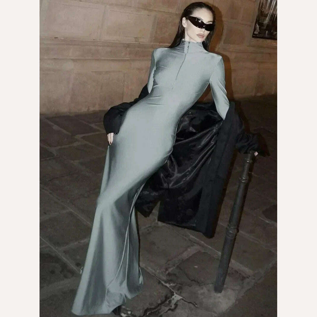 2024 Spring New in Women's Sexy Zip-up Solid Gray Long Maxi Dress High Street Elegant Ladies Slim Fit Party Night Club Dresses - KIMLUD