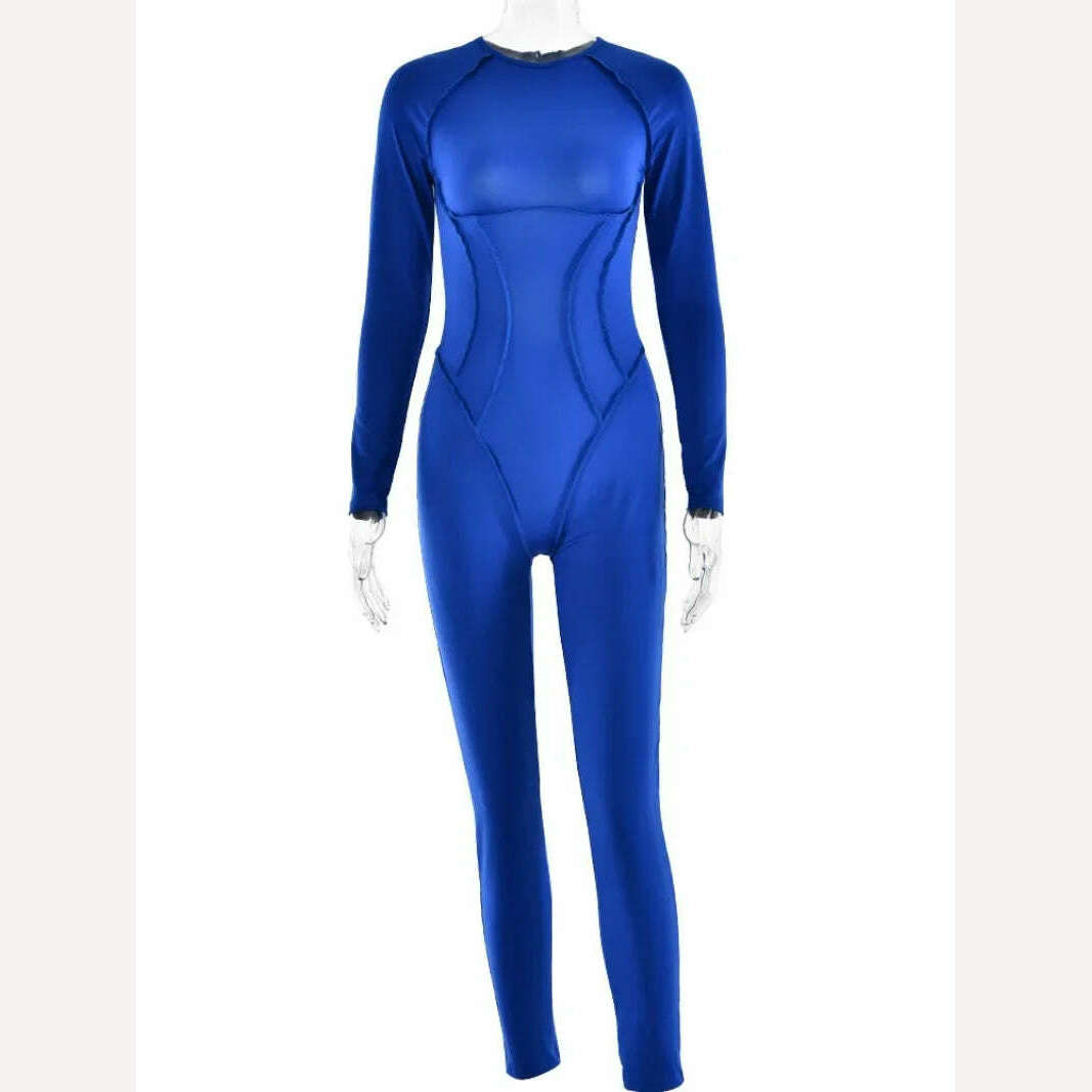 KIMLUD, 2024 Spring Tight-fitting Jumpsuits Elegant Women's O-neck Long Sleeve Backless Corset Bodysuit Sports Fitness Overalls Female, Blue / S, KIMLUD Womens Clothes