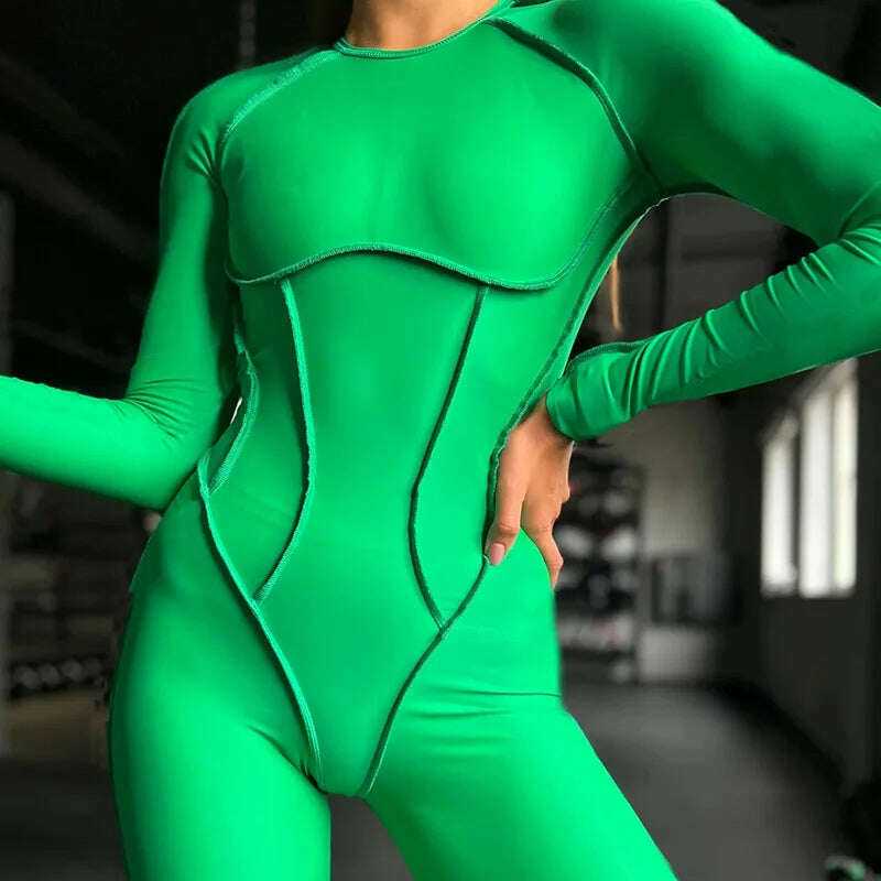 KIMLUD, 2024 Spring Tight-fitting Jumpsuits Elegant Women's O-neck Long Sleeve Backless Corset Bodysuit Sports Fitness Overalls Female, KIMLUD Womens Clothes