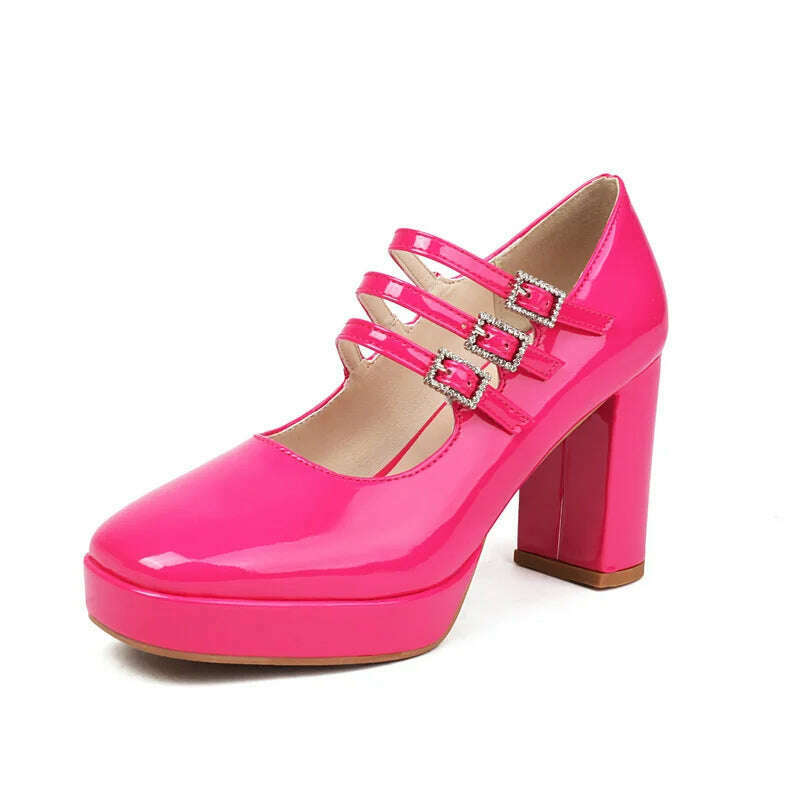 2024 Spring Women High Heel Shoes Platform Thick High Heel Ladies Pumps PU Leather Square Toe Buckle Dress Fashion Women Shoes - KIMLUD