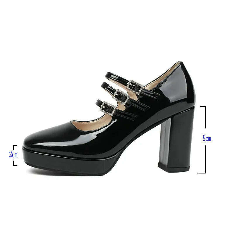 KIMLUD, 2024 Spring Women High Heel Shoes Platform Thick High Heel Ladies Pumps PU Leather Square Toe Buckle Dress Fashion Women Shoes, KIMLUD Womens Clothes