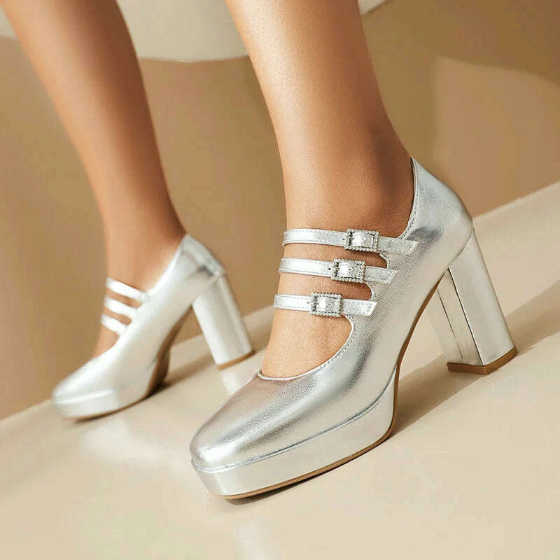 KIMLUD, 2024 Spring Women High Heel Shoes Platform Thick High Heel Ladies Pumps PU Leather Square Toe Buckle Dress Fashion Women Shoes, Silver / 5.5, KIMLUD Women's Clothes