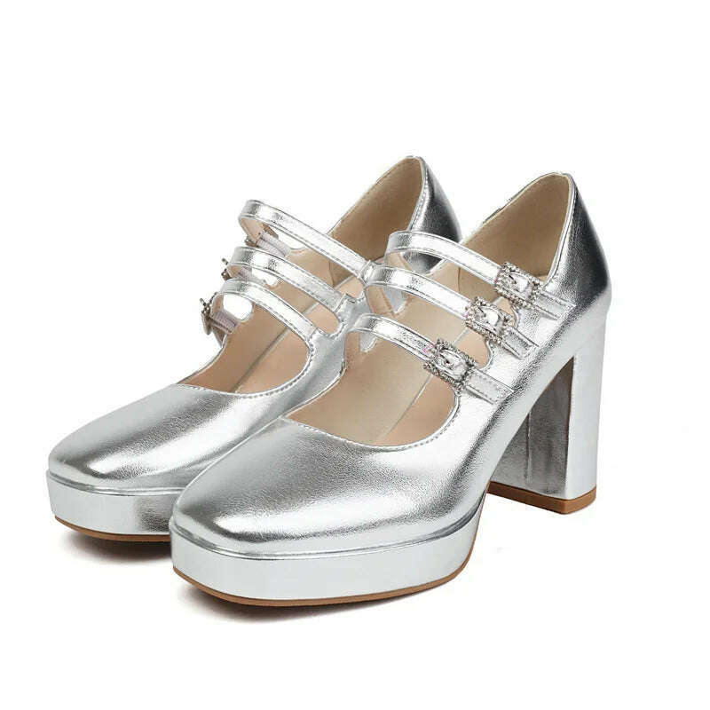 2024 Spring Women High Heel Shoes Platform Thick High Heel Ladies Pumps PU Leather Square Toe Buckle Dress Fashion Women Shoes - KIMLUD