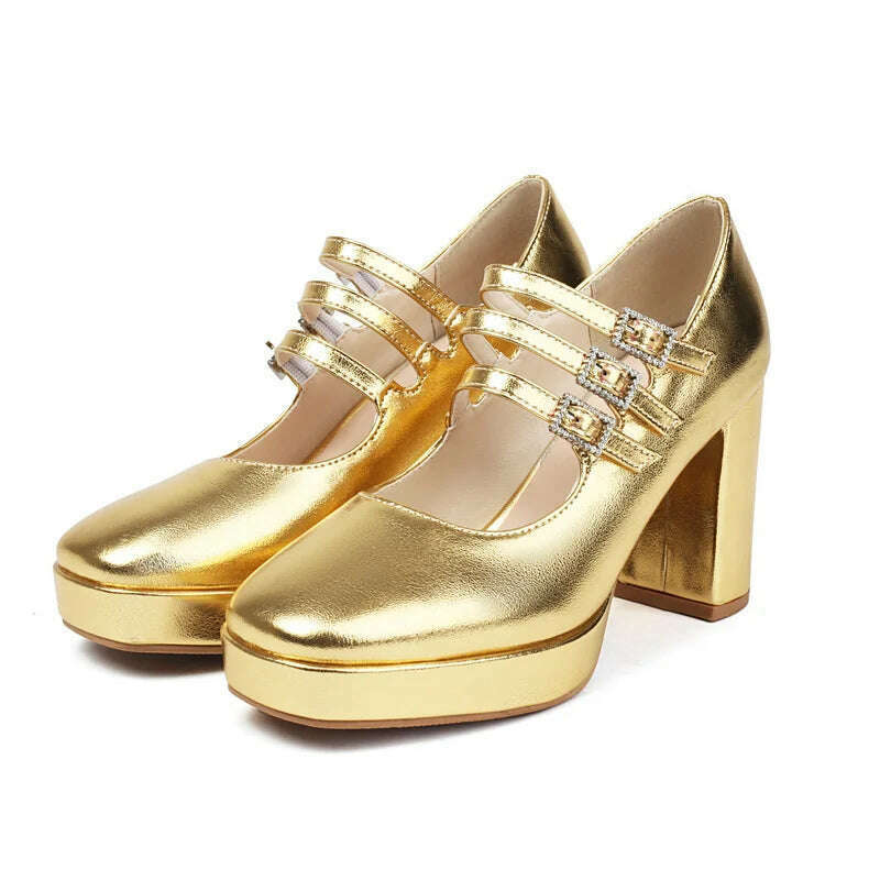 2024 Spring Women High Heel Shoes Platform Thick High Heel Ladies Pumps PU Leather Square Toe Buckle Dress Fashion Women Shoes - KIMLUD