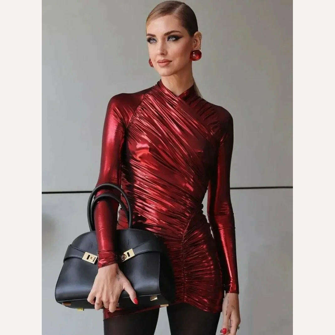 KIMLUD, 2024 Spring Women's V-neck Long Sleeve Leather Dress Fashion Sexy Long Sleeve High Waist Folds Package Hip Glossy Party Dresses, KIMLUD Womens Clothes