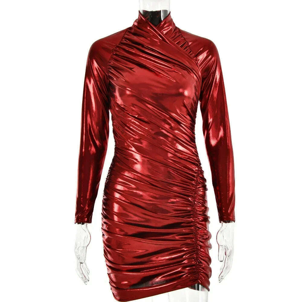 KIMLUD, 2024 Spring Women's V-neck Long Sleeve Leather Dress Fashion Sexy Long Sleeve High Waist Folds Package Hip Glossy Party Dresses, Red / S, KIMLUD Womens Clothes