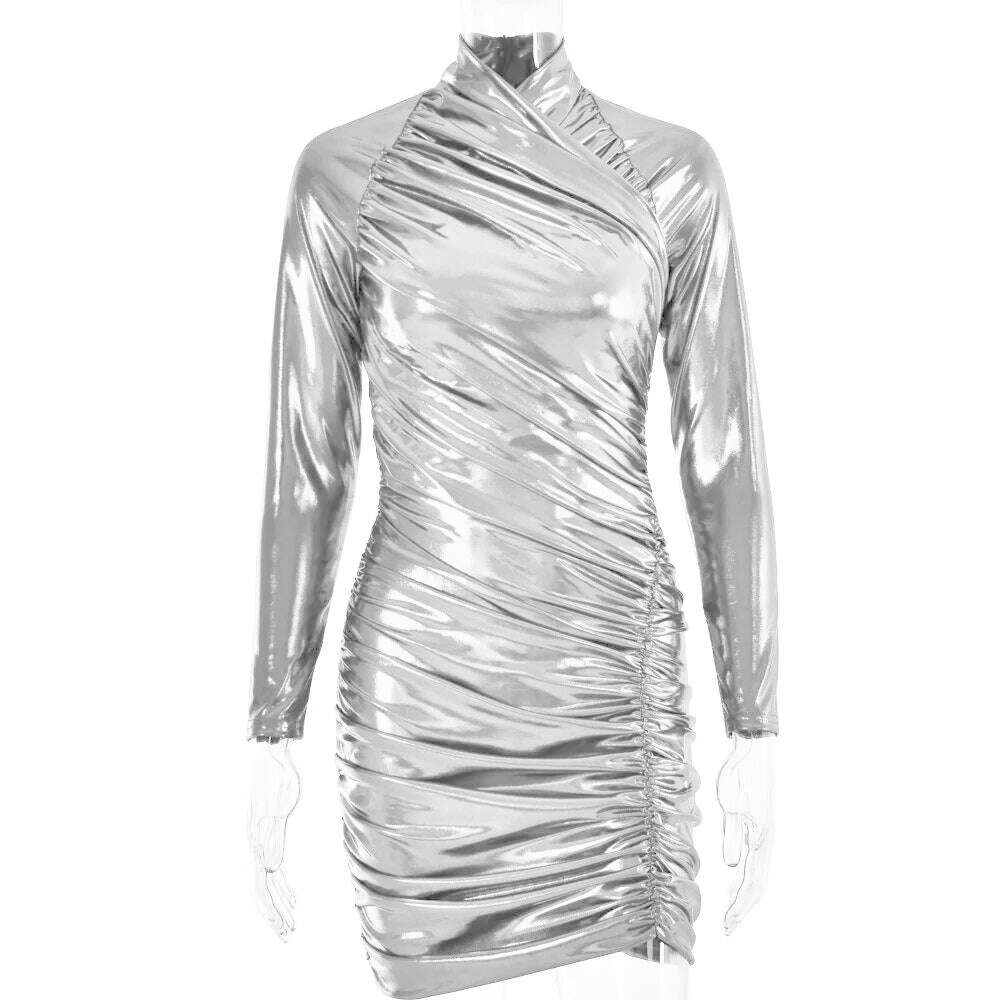 KIMLUD, 2024 Spring Women's V-neck Long Sleeve Leather Dress Fashion Sexy Long Sleeve High Waist Folds Package Hip Glossy Party Dresses, KIMLUD Womens Clothes