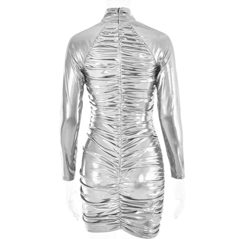 KIMLUD, 2024 Spring Women's V-neck Long Sleeve Leather Dress Fashion Sexy Long Sleeve High Waist Folds Package Hip Glossy Party Dresses, KIMLUD Womens Clothes
