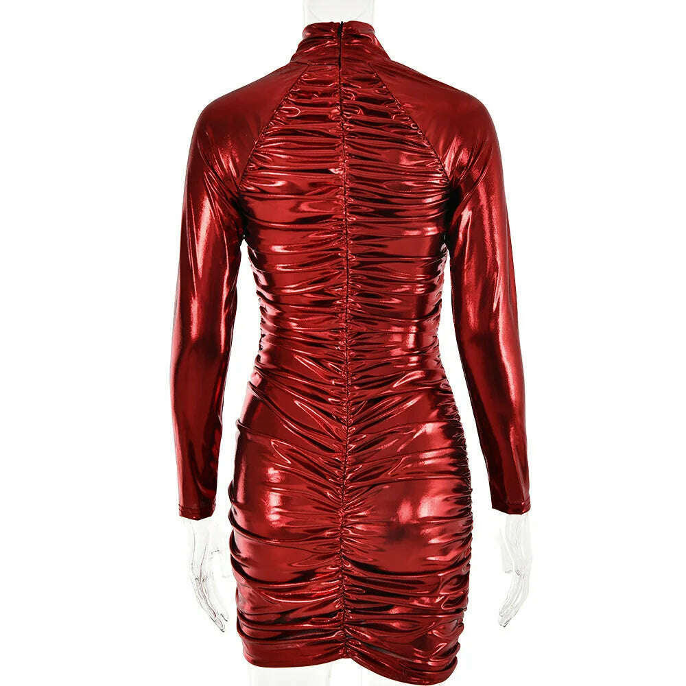 KIMLUD, 2024 Spring Women's V-neck Long Sleeve Leather Dress Fashion Sexy Long Sleeve High Waist Folds Package Hip Glossy Party Dresses, KIMLUD Womens Clothes