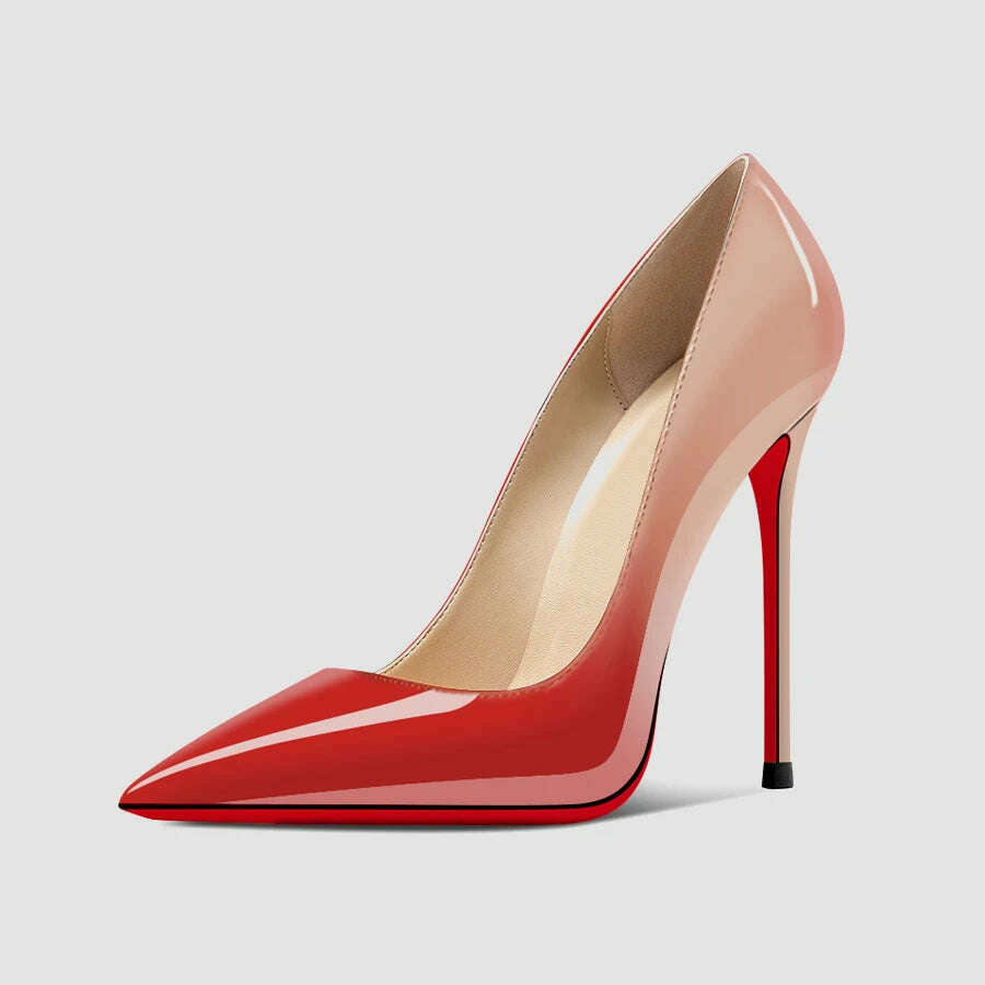 KIMLUD, 2024 Spring/Summer 12cm Ultra High Heels, Women's Slender Heels, Elegant Charm, Sharp Head, Sexy Large Red Sole Single Shoes, Bare Red Gradient / 35, KIMLUD Women's Clothes