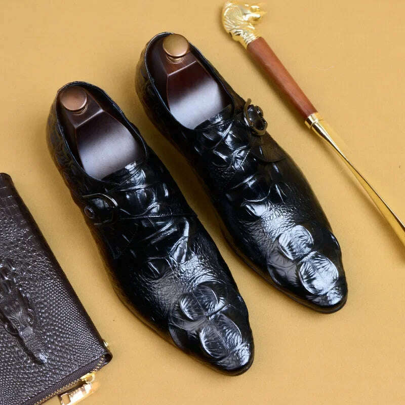 KIMLUD, 2024 Summer Classic Crocodile Dress Buckle Men's Formal Shoes Genuine Leather Handmade Oxford Loafers for Wedding Size 46, Black / 39, KIMLUD Womens Clothes