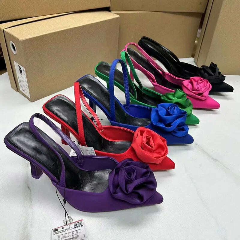 KIMLUD, 2024 Summer Fashion Back Strap Sandals Rose Flower Decoration Pumps Pointed Toe Slingback Shoes Brand Wedding High Heel Mules, KIMLUD Women's Clothes